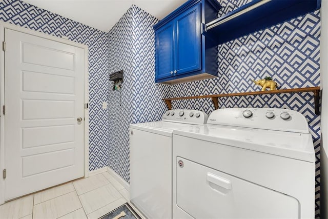9104 SW 47th St, Oklahoma City, OK 73179 - laundry area with independent washer and dryer, cabinet space, light tile patterned floors, baseboards, and wallpapered walls