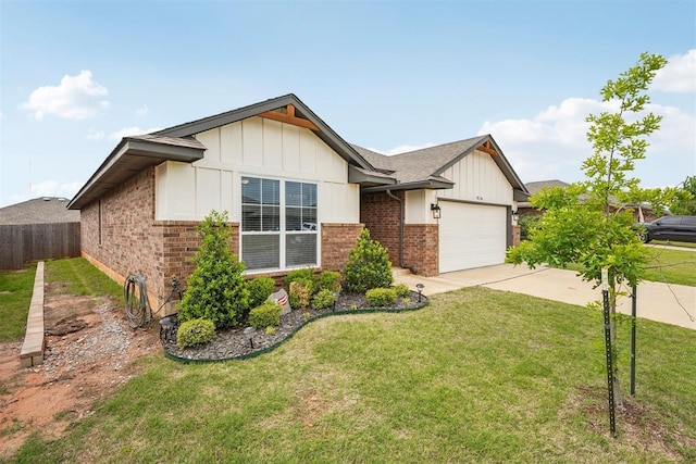 9104 SW 47th St, Oklahoma City, OK 73179 - ranch-style home featuring board and batten siding, a garage, brick siding, fence, and concrete driveway