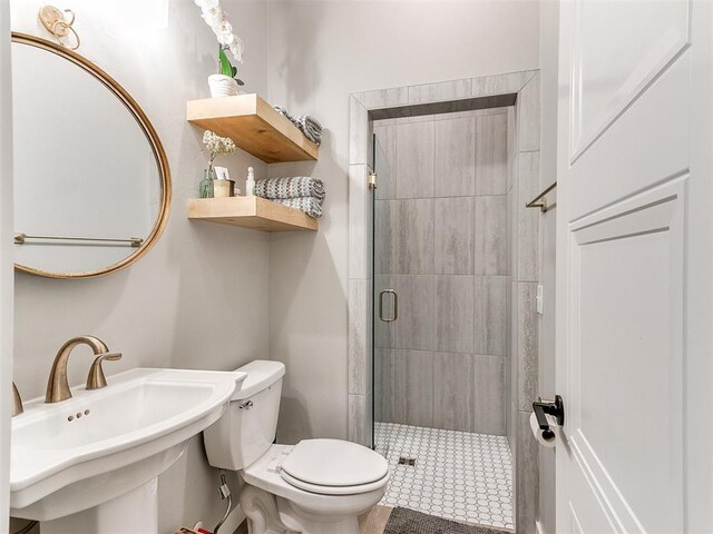 bathroom with a sink, a shower stall, and toilet