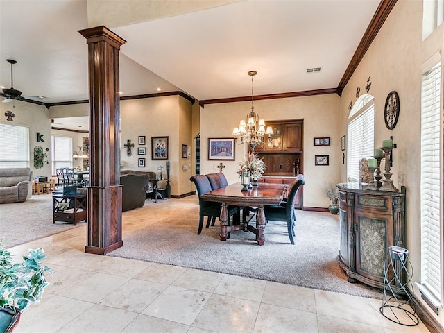 dining room with crown molding, baseboards, light carpet, and ceiling fan with notable chandelier