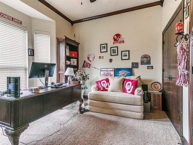 interior space featuring ornamental molding, carpet, and ceiling fan