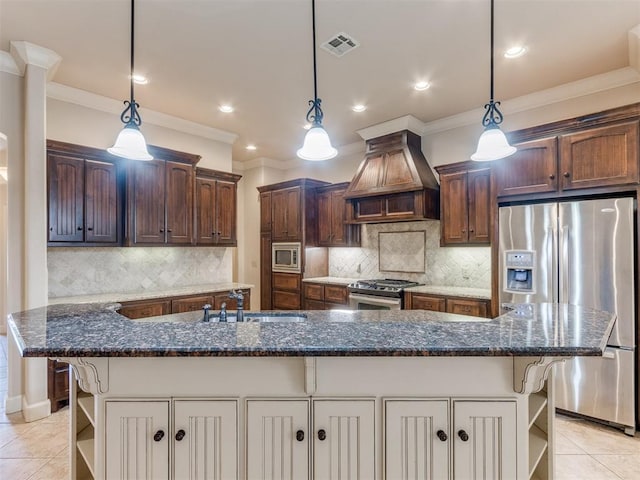kitchen featuring a sink, open shelves, stainless steel appliances, and custom range hood