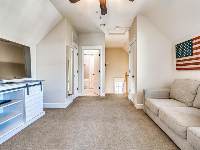 34 Boardwalk Unit B, Carlton Landing, OK 74432 - living room with visible vents, carpet flooring, baseboards, and ceiling fan