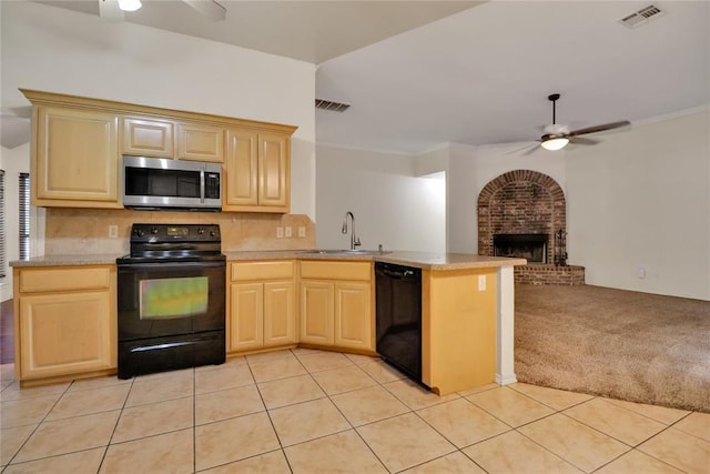 8713 Starling Path, Edmond, OK 73034 - kitchen with black appliances, ceiling fan, a sink, light brown cabinets, and ornamental molding