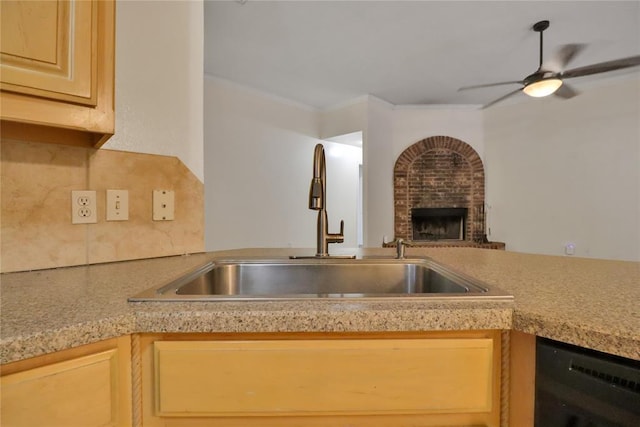 8713 Starling Path, Edmond, OK 73034 - kitchen with a sink, dishwasher, tasteful backsplash, ceiling fan, and light countertops