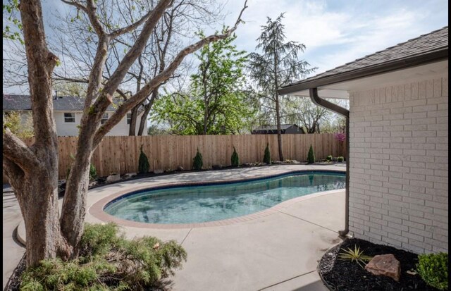 view of swimming pool with a fenced backyard, a fenced in pool, and a patio area