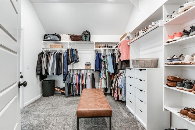 walk in closet with carpet floors and lofted ceiling