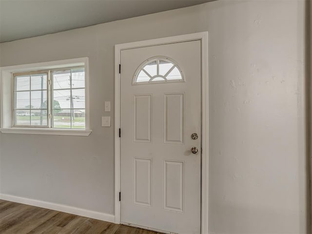 foyer entrance with baseboards, a wealth of natural light, and wood finished floors