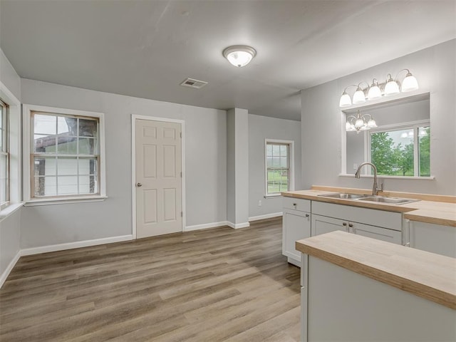 kitchen with butcher block countertops, a sink, visible vents, and light wood-style floors