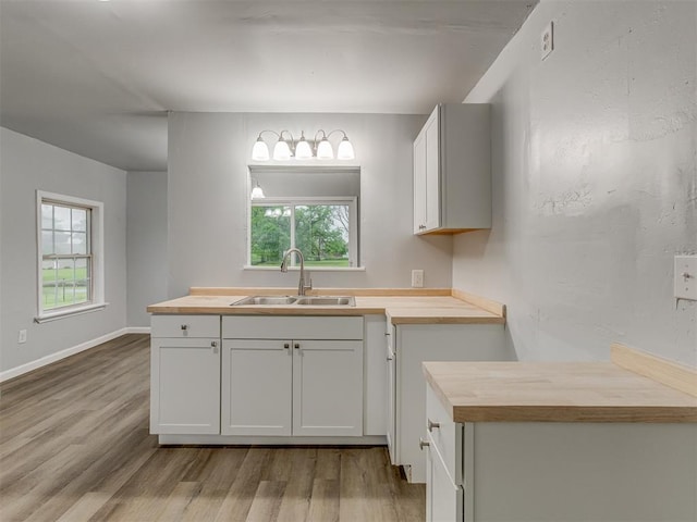 kitchen featuring a sink, butcher block counters, and light wood-style floors