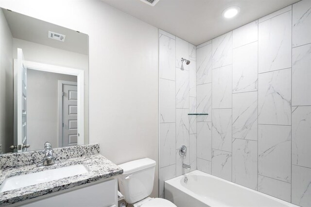 bathroom with visible vents, vanity, shower / bathtub combination, toilet, and recessed lighting