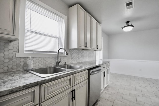 kitchen featuring stainless steel dishwasher, a sink, healthy amount of natural light, and backsplash