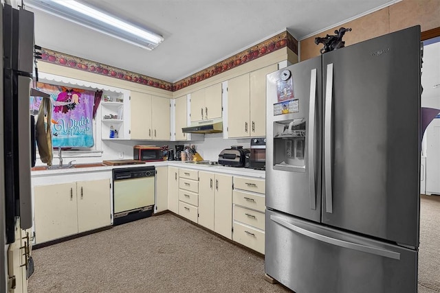 kitchen featuring white dishwasher, light colored carpet, light countertops, under cabinet range hood, and stainless steel refrigerator with ice dispenser