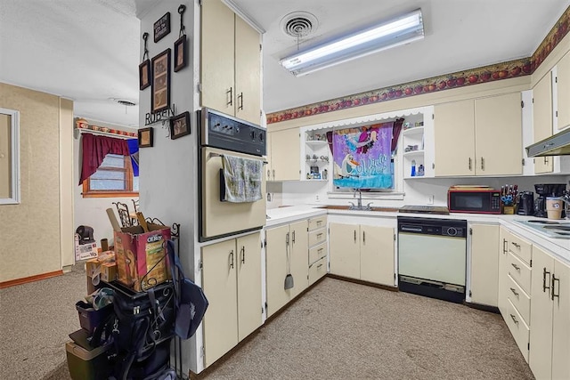 kitchen with open shelves, light countertops, light carpet, under cabinet range hood, and white appliances
