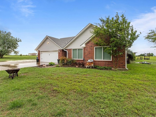 ranch-style house featuring concrete driveway, brick siding, an attached garage, and a front yard