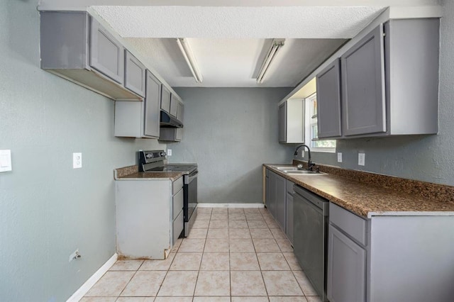 1824 David Ter, Oklahoma City, OK 73141 - kitchen featuring under cabinet range hood, a sink, dark countertops, appliances with stainless steel finishes, and gray cabinets