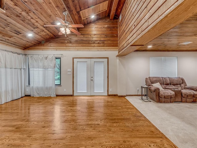 interior space featuring recessed lighting, high vaulted ceiling, wooden ceiling, and light wood finished floors