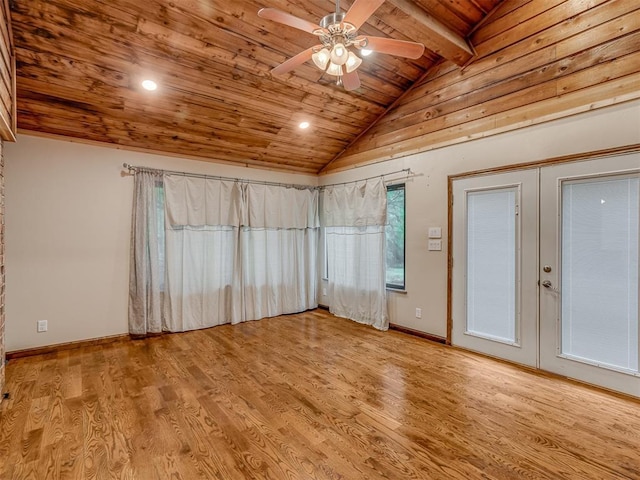 spare room with ceiling fan, vaulted ceiling with beams, recessed lighting, wooden ceiling, and light wood-style flooring