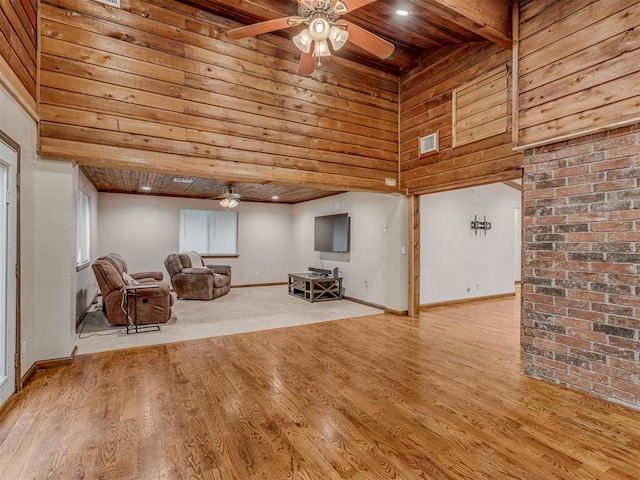 living area with a ceiling fan, visible vents, wooden ceiling, and wood finished floors