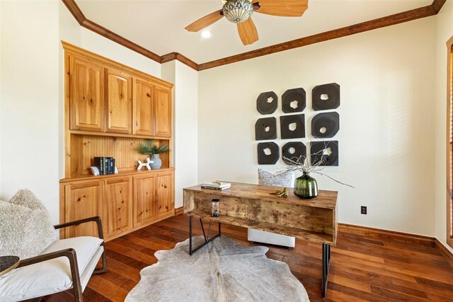 office area featuring ornamental molding, dark wood-style flooring, baseboards, recessed lighting, and a ceiling fan