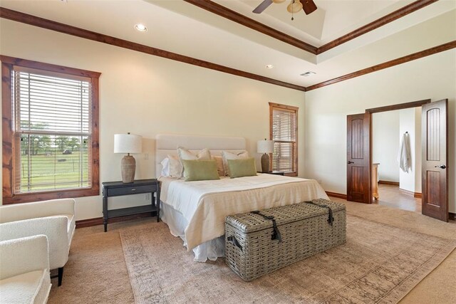 10100 S Westminster Rd, Guthrie, OK 73044 - bedroom featuring crown molding, light carpet, baseboards, recessed lighting, and ceiling fan