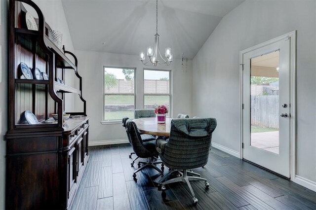 13313 Watson Dr, Piedmont, OK 73078 - home office with baseboards, dark wood-type flooring, lofted ceiling, and a chandelier