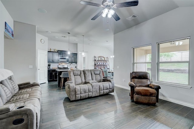 13313 Watson Dr, Piedmont, OK 73078 - living area with a ceiling fan, dark wood-style flooring, lofted ceiling, and visible vents