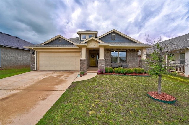 13313 Watson Dr, Piedmont, OK 73078 - craftsman inspired home with an attached garage, a front lawn, brick siding, concrete driveway, and covered porch