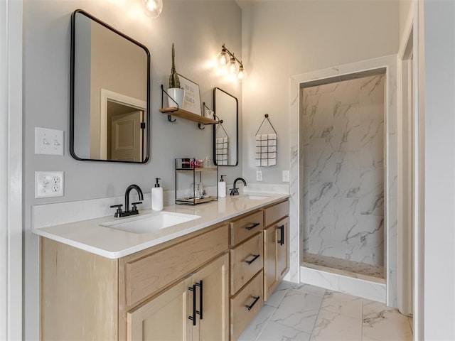 18444 Posse Trl, Norman, OK 73071 - full bath featuring double vanity, a sink, marble finish floor, and a marble finish shower