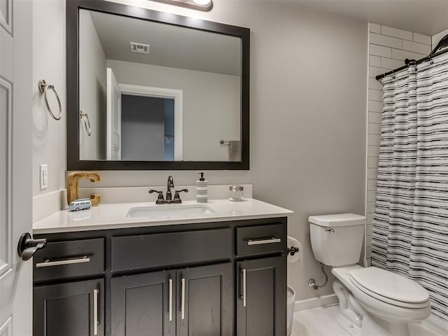 18444 Posse Trl, Norman, OK 73071 - bathroom with toilet, visible vents, a shower with shower curtain, and vanity