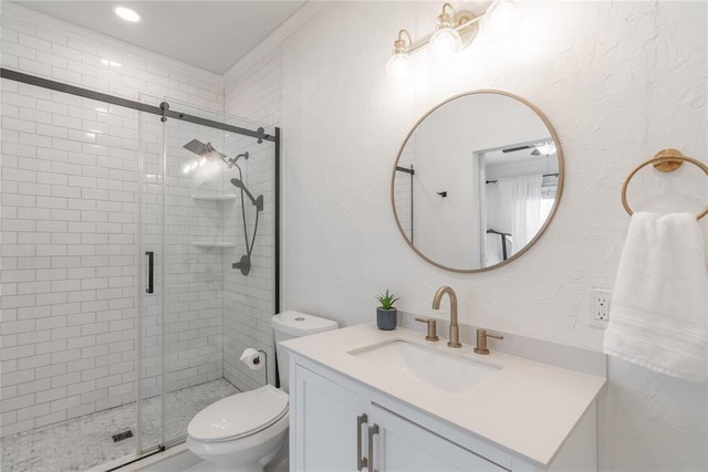 full bath featuring vanity, recessed lighting, toilet, and a shower stall