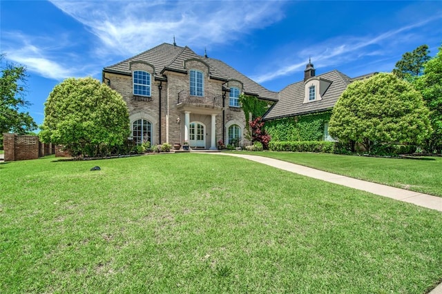 french provincial home featuring a front lawn and stone siding