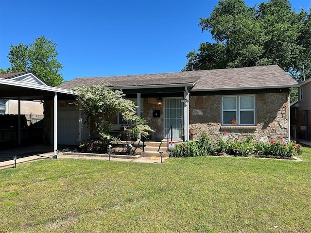 3233 SW 40th St, Oklahoma City, OK 73119 - single story home featuring an attached garage, a front lawn, roof with shingles, and stone siding