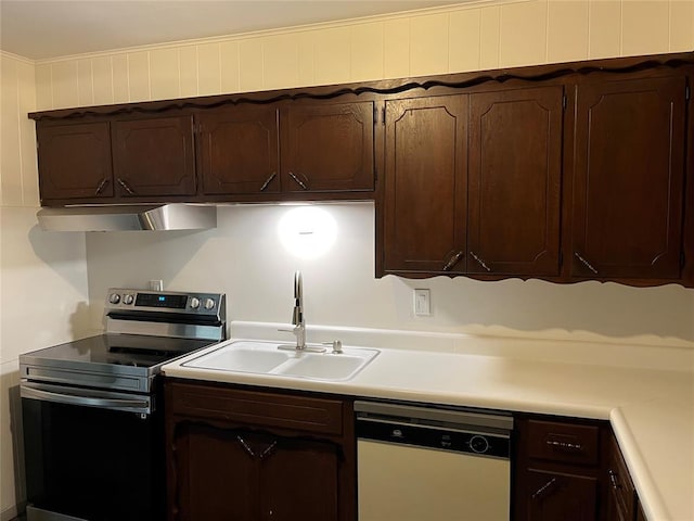 3233 SW 40th St, Oklahoma City, OK 73119 - kitchen featuring electric range, dark brown cabinets, wall chimney exhaust hood, a sink, and dishwasher