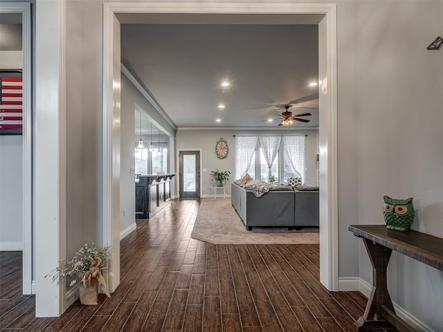 7437 SW 105th St, Oklahoma City, OK 73173 - hall featuring dark wood-type flooring and baseboards