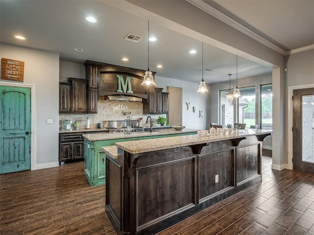 7437 SW 105th St, Oklahoma City, OK 73173 - kitchen with a large island with sink, dark wood-style flooring, visible vents, and tasteful backsplash