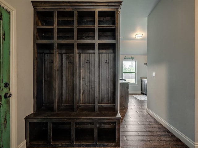 7437 SW 105th St, Oklahoma City, OK 73173 - mudroom with baseboards and dark wood-style floors