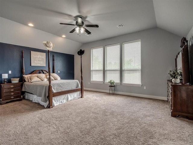 7437 SW 105th St, Oklahoma City, OK 73173 - carpeted bedroom with visible vents, baseboards, ceiling fan, and lofted ceiling