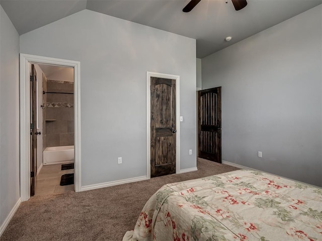 7437 SW 105th St, Oklahoma City, OK 73173 - carpeted bedroom with baseboards, ensuite bathroom, a ceiling fan, and vaulted ceiling