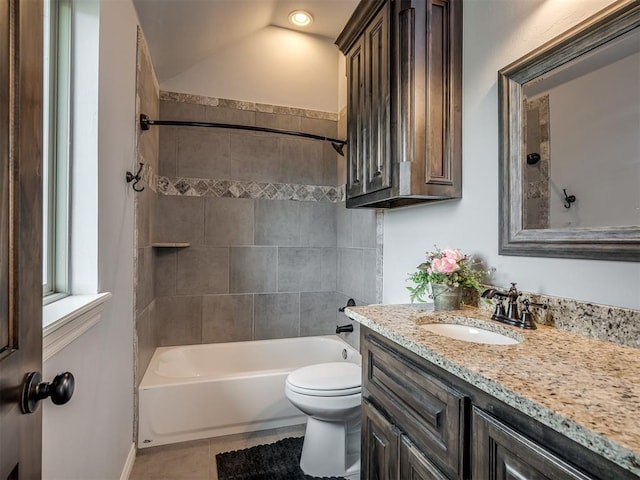 7437 SW 105th St, Oklahoma City, OK 73173 - bathroom featuring toilet, tile patterned floors, washtub / shower combination, and vanity