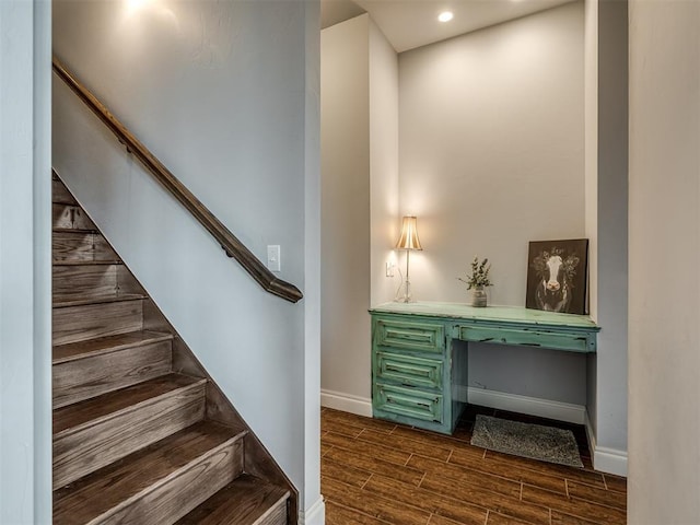 7437 SW 105th St, Oklahoma City, OK 73173 - staircase featuring baseboards, recessed lighting, built in desk, and wood finish floors
