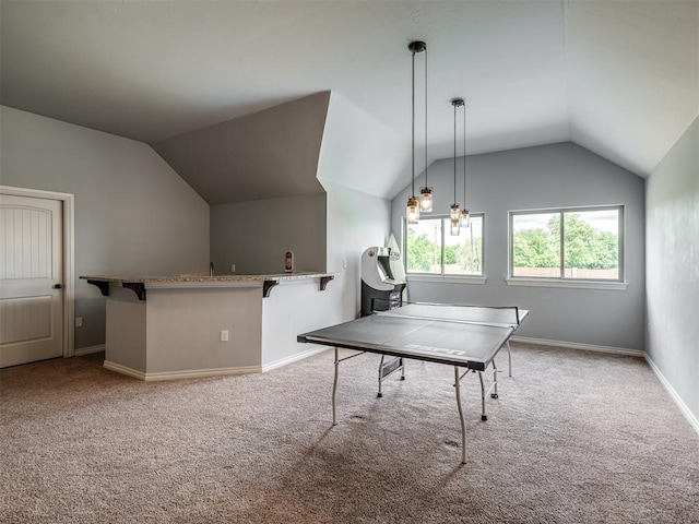 7437 SW 105th St, Oklahoma City, OK 73173 - rec room with carpet flooring, baseboards, and vaulted ceiling