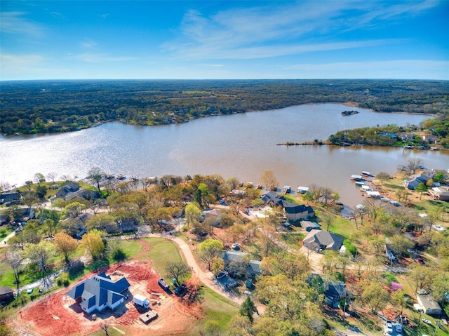 bird's eye view featuring a water view and a wooded view