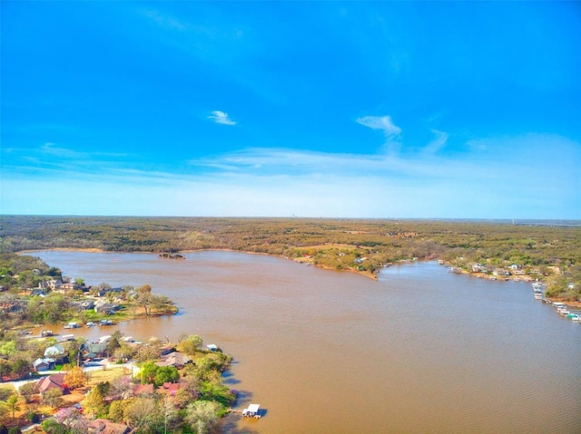 drone / aerial view featuring a water view and a forest view