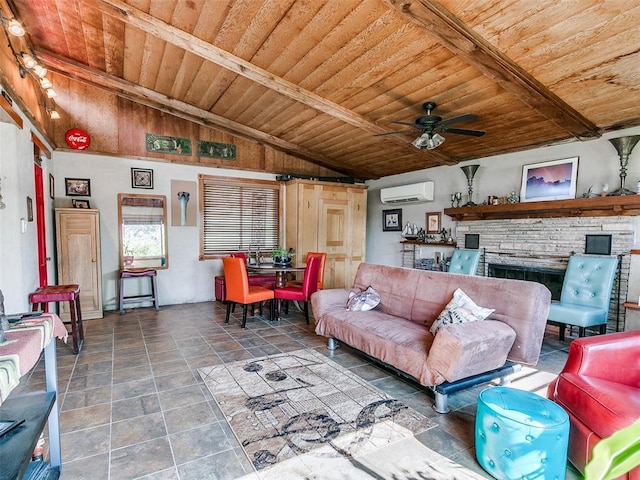 living area with an AC wall unit, lofted ceiling with beams, ceiling fan, and wooden ceiling