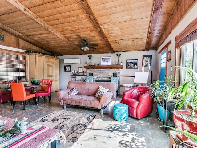 living room featuring a wall mounted air conditioner, vaulted ceiling with beams, wood ceiling, a ceiling fan, and stone finish flooring