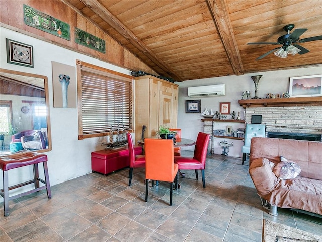 dining space featuring lofted ceiling with beams, wooden ceiling, ceiling fan, and a wall unit AC