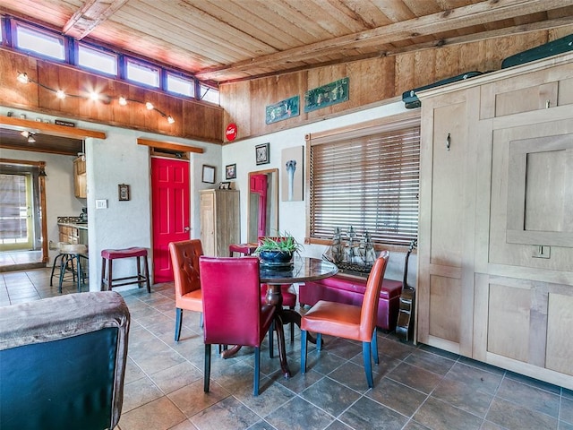 dining area with wood ceiling