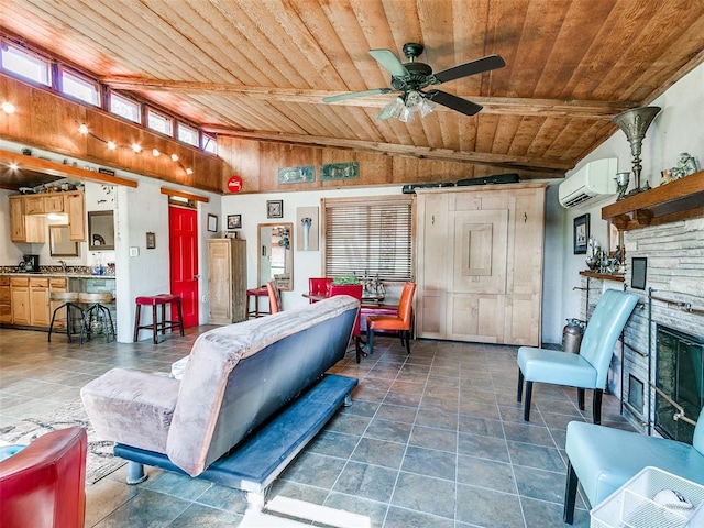 living area with a ceiling fan, wooden ceiling, lofted ceiling, and a wall unit AC