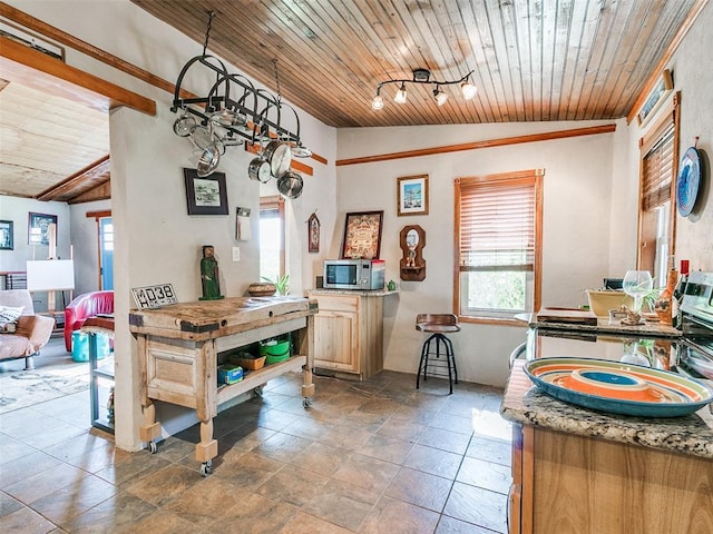 dining area featuring rail lighting, wood ceiling, and lofted ceiling